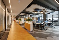 an empty office with lots of desks and plants in the middle of the room