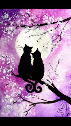 two cats sitting on a tree branch in front of a full moon and purple sky