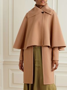 CHLOÉ Cape-effect layered wool and cashmere-blend coat Luxury Brown Cape For Winter, Luxury Chic Cashmere Cape, Luxury Wool Winter Cape, Luxury Wool Long Sleeve Cape, Luxury Brown Wool Cape, Denim Flats, Designer Hair Accessories, Dress Flats, Flat Dress Shoes