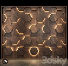 a wooden wall with lights on it and an abstract pattern in the middle that looks like hexagonal shapes