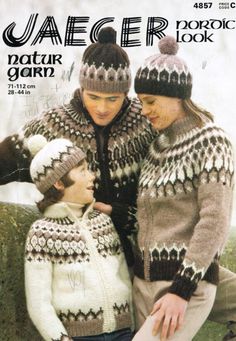 three women in knitted sweaters and hats on the cover of a knitting book