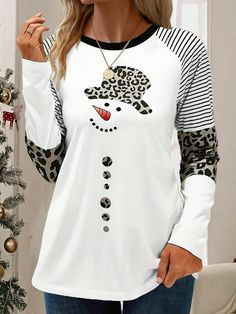 Shop Affordable Women T-shirts Spring/Fall T-shirt Long Sleeve Casual T-shirt Christmas Snowman T-shirt Loose Daily Crew Neck On Justfashinnow.com Christmas Long Sleeve Shirts, Plus Size Kleidung, Hoodie Outfit, Fashion Colours, Christmas Snowman, Print T Shirts, Top Casual, Stripe Print, Plus Size Tops