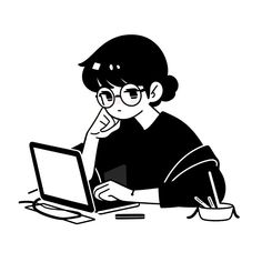 a black and white drawing of a person sitting at a desk using a laptop computer