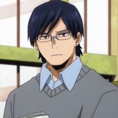 an anime character with glasses and a gray shirt is staring at something in front of him