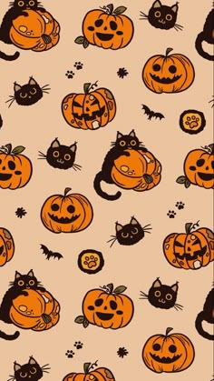 halloween pumpkins with cats and bats are on a beige background that is seamless