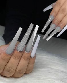 Acrylic Coffin Long Nails, Grey Long Nails Ideas, Grey Long Acrylic Nails Square, Baddie Grey Nails, Cute Grey Acrylic Nails, Long Blue Nails With Design, Long Acrylic Nails Gray, Grey Nail Ideas Acrylic Long, Pink And Gray Acrylic Nails