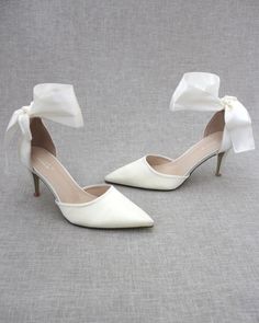 ivory wedding shoes 2 Inch Wedding Heels, Wedding Shoes With Ribbon, Shoes For Ballgown Dress, Wedding Heels Ribbon, Ivory Satin Wedding Shoes, Kitten Heels Wedding Shoes, White Heels With Ribbon, White Kitten Heels Wedding Shoes, Closed Toed Wedding Heels