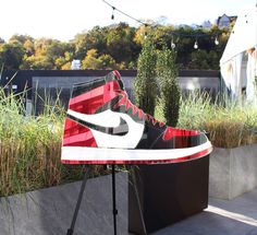 a pair of sneakers sitting on top of a black and red stand next to grass