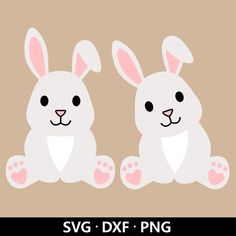 two white rabbits sitting next to each other with pink paws on their ears and feet