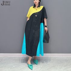 Short-Sleeve Loose Fit Big Size Black Blue Patchwork Summer Woman Long Shirt Dress Casual Wear Japanese Style Dress, Shirt Dress Casual, Long Shirt Dress, Dress Robes, Long Shirt, Big Size, Summer Women, Black Blue, Blue Black