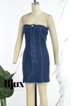 Bjux - Chic and Elegant Sleeveless Denim Dresses with Backless and Strapless Design Denim Blue Sleeveless Tube Top For Summer, Spring Sleeveless Denim Blue Tube Top, Denim Blue Sleeveless Tube Top For Spring, Spring Denim Blue Sleeveless Tube Top, Sleeveless Blue Denim Top For Night Out, Sleeveless Denim Blue Top For Night Out, Sleeveless Denim Top For Night Out, Summer Strapless Fitted Denim Vest, Fitted Strapless Denim Vest For Summer