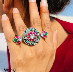 92.5 silver adjustable ring Contemporary/ruby and white color kundan  stones/oxidized silver Indian/western/Punjabi/Pakistani/Bangladeshi jewelry/ Invest in your self with silver pieces to keep it for generations with stylish elegant designs to showoff your style! Metal-92.5 sterling silver. Oxidized silver  Clear and turquoise kundan stones Weight 18 gm Silver Meenakari Toe Ring, Silver Kundan Toe Ring, Silver Kundan Toe Ring Jewelry, Silver Kundan Rings As Gift, Silver Kundan Rings For Gift, Traditional Silver Meenakari Rings, Silver Kundan Rings For Festive Occasions, Hand Set Kundan Ring In Silver, Festive Silver Kundan Rings