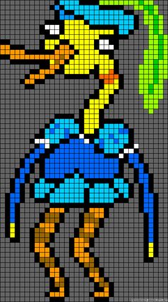 an image of a pixel art with a bird on it's head and legs