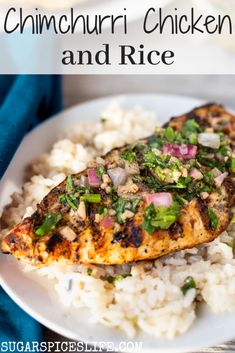 grilled chicken and rice on a white plate