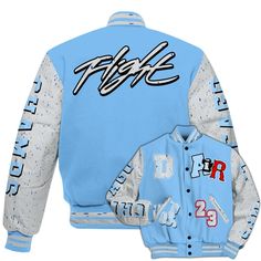 Brand Dunkare University Blue 5s Varsity Jacket AIR Number 23 GOAT All Over Print Letterman Jackets Letterman Jackets, Types Of Jackets, Letterman Jacket, University Blue, All Over Print, Goats, Varsity Jacket, Coats Jackets, University