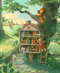 an animal is climbing up the tree to get some books on it's shelf