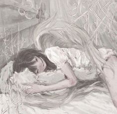 a drawing of a woman laying on top of a bed with white sheets and pillows