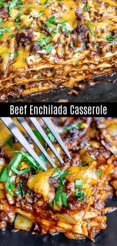 two pictures of beef enchilada casserole with green onions and cheese