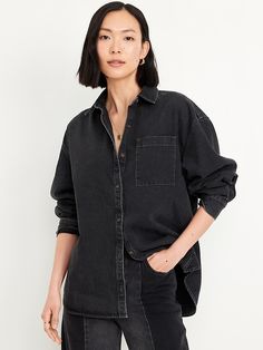 Boyfriend Button-Down Jean Tunic | Old Navy Old Navy Boyfriend Shirt, Black Denim Shirt Outfit Women, Oversized Denim Shirt Outfit, Denim Shirt Outfit Women, Trending Fall Outfits, Jean Shirt Outfits, Black Linen Shirt, Black Denim Shirt, Denim Shirt Outfit