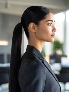 Sleeked Back Hairstyle, Low Sleek Ponytail, Sleek Back Ponytail, Professional Hairstyles For Work, Sleek Low Ponytail, Straight Ponytail Hairstyles, Nursing Interview, Corporate Girly, Sleek Straight Hair