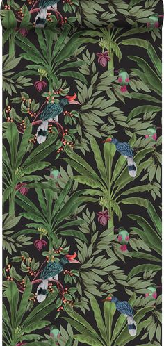 a black and green floral wallpaper with birds on the tree branches, leaves and berries