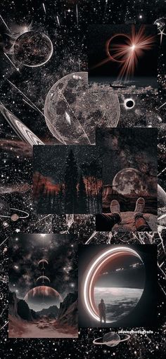 the collage shows many different images in black and white, including an image of planets