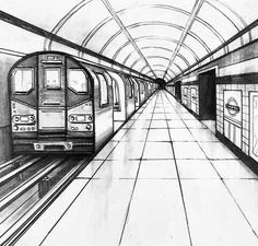 a drawing of a subway station with two trains on the tracks and one is empty