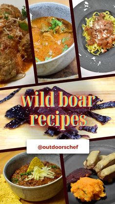 several pictures of different food items and the words wild boar recipes above them are images of various foods