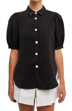 Elbow-length puff sleeves frame this woven blouse featuring a stone-embellished button-up closure and a sleek point collar. Point collar Elbow-length sleeves 100% polyester Hand wash, dry flat Imported English Factory, Blouse Nordstrom, Puff Sleeve Blouse, Puff Sleeve Top, Elbow Length Sleeve, Black Blouse, White Tops, Types Of Collars, Puff Sleeves