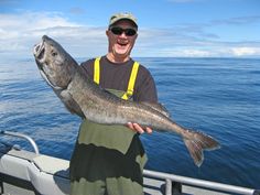 a man holding a large fish while standing on a boat