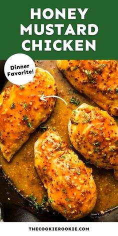 honey mustard chicken in a skillet with text overlay