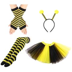 PRICES MAY VARY. Adult Bee Costume Kit: One set includes 1 piece black and yellow tutu skirt, 1 piece hairband, 1 pair striped over-knee socks and 1 pair striped gloves, enough to complete your outfit, cute and fancy -standing look makes you easily become the center of the crowd; High Quality Material: Bee Tentacle Headband is made of elastic plastic. It will not fade easily and can be used several times. Striped leggings and gloves are made of high quality nylon, gentle to the skin and durable, Bumble Bee Headband, Adult Bee Costume, Bumble Bee Costume Women, Bee Sock, Bumble Bee Costume, Black Tutu Skirt, Thigh High Stocking, Yellow Tutu, Striped Gloves