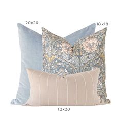 three pillows with measurements for each pillow