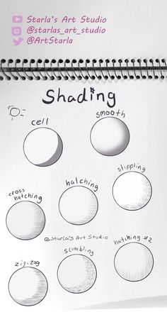 a spiral notebook with different shapes and words on the page, including circles that spell out shading