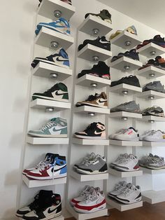 Sneakerhead Bedroom, Sneakerhead Room, Sneaker Closet, Sneaker Storage, Wall Shelf Unit, Shoe Room, Shoe Wall, Jordan Shoes Girls, Jordan Shoes Retro