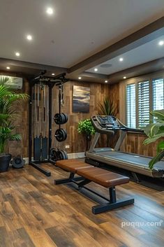 a home gym with exercise equipment and plants