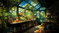 a room filled with lots of plants and potted plants