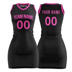 Shop custom black and pink basketball jersey dress for women and girls at Jersey One. The jersey dresses are made from durable, quick-dry, and breathable polyester fabric, they are perfect for daily, parties or outfitting your team. Embroidered Tracking Twill The team name, player name, and player number are embroidered, making the jersey durable, breathable, and stylish. Design Your Own You can also customize the design of our basketball jersey dress template. For example, you can change the fo Sporty V-neck Sports Dress, Casual Black Sleeveless Tennis Dress, Black Tennis Dress For Gym, Fitted Black Workout Dress, Sporty Sleeveless Pink Tennis Dress, Black V-neck Activewear, Pink Sleeveless Sporty Tennis Dress, Sporty Sleeveless Pink Dress, Black Sleeveless Tennis Dress For Gym