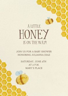 a little honey is on the way baby shower card with bees and honeycombs