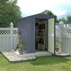 a garden shed with its door open in the grass