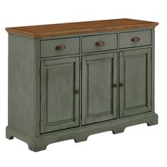 the sideboard is painted green and has two doors on one side, and three drawers on