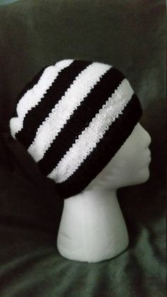 Hand Knit Black and White Striped Beanie Casual Black Hand Knitted Beanie, Handmade Black Casual Beanie, Fitted Black Crochet Beanie, White Handmade Crochet Hat Fitted, Fitted White Hand Knitted Crochet Hat, Black Fitted Crochet Hat, Fitted White Crochet Hat, Fitted Crochet Black Hat, Fitted White Crochet Hat Casual