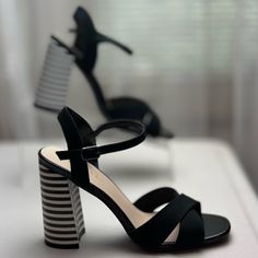 New With Tags Nicole Miller 4.5” Heeled Black And White Striped Sandal. Size 9. 4.5” Heel Textile Upper Man-Made Sole **Last Photo Shows A Couple Of Minor Flaws From Shelf Wear** Trendy Sandals With Contrasting Heel Counter, Black Ankle Strap Heels For Spring, Chic Black Sandals With Contrasting Heel Counter, Chic Black Sandals With Contrasting Heel, Black 4-inch Heels For Summer, Black Block Heel Sandals With Contrasting Heel, Black Sandals With Contrasting Block Heel, Summer Black Block Heels With Contrasting Heel Counter, Trendy Black Sandals With 4-inch Heel