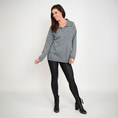 Featuring a relaxed fit, goes-with-anything gray color, and casual collared neck with front pocket, the Hudson Collared Sweater is perfect for every day wear with your favorite pair of jeans or leggings! Gray Tops With Pockets For Fall, Casual Polo Sweater With Collared Neckline For Winter, Casual Winter Polo Sweater With Collared Neckline, Gray Long Sleeve Sweater With Pockets, Casual Oversized Polo Sweater For Work, Oversized Casual Polo Sweater For Work, Relaxed Fit Collared Polo Sweater For Loungewear, Gray Collared Top For Fall, Gray Sweater With Pockets For Work