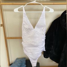 Nwt. Never Worn. Tried On Once. Zara - White Deep V Bodysuit With Ruched Back. Summer V-neck Ruched Bodysuit, Zara V-neck Bodysuit For Summer, Zara Summer V-neck Swimwear, Zara Fitted V-neck Swimwear, Spring Ruched One-piece Bodysuit, Spring One-piece Ruched Bodysuit, Zara Fitted Bodysuit For Beach Season, Zara Summer Bodysuit For Poolside, Zara Summer Stretch Bodysuit