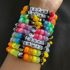 **SOLD IN MATCHING PAIRS**  Beaded Kandi bracelets with varying color schemes. Elastic cording for easy trades. Have fun yall (: Casual Multicolor Braided Bracelets With Letter Beads, Rave Kandi, Matching Pairs, Kandi Bracelets, Matching Couples, Long Beach, Color Schemes, Beauty Book, Jewelry Bracelets