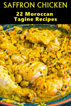 saffron chicken and moroccan tagine recipe in a blue bowl with text overlay