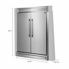 a large stainless steel refrigerator with measurements