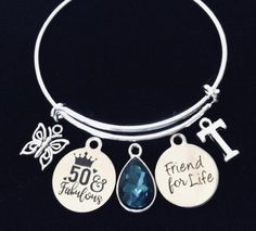 Best Friend Birthday Gift for Friend for Life 50 and Fabulous 50th Birthday Gift for Her Women's 50th Birthday One Size Fits All  Expandable Charm Bracelet Birthday Gift For Friend, Best Friend Birthday Gift, Friend Birthday Gift, 50 And Fabulous, Bangles Making, Nautical Jewelry, Wire Bangles, Birthday Gifts For Best Friend, 50th Birthday Gifts