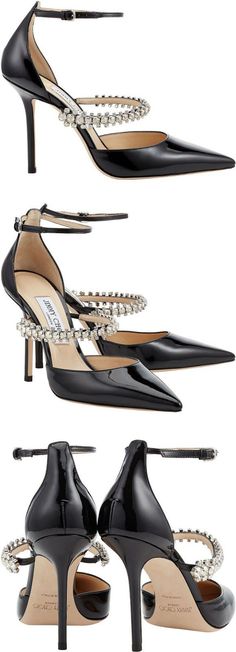 Jimmy Choo Bobbie Black Patent Leather Pointy Toe Pumps with Crystal Strap | Bobbie in black patent leather is the definition of glamourous. The simple upper design features a delicate buckle ankle strap and is finished with a crystal strap which exudes style. The chic 100mm heel makes it a must have pair to turn heads at your next work party. | #jimmychoo #shoes #heels #partyshoes #partywear #ad #blackshoes #patentshoes #bling #glam #pumps Summer House Party Outfit, Winter Party Outfit Night